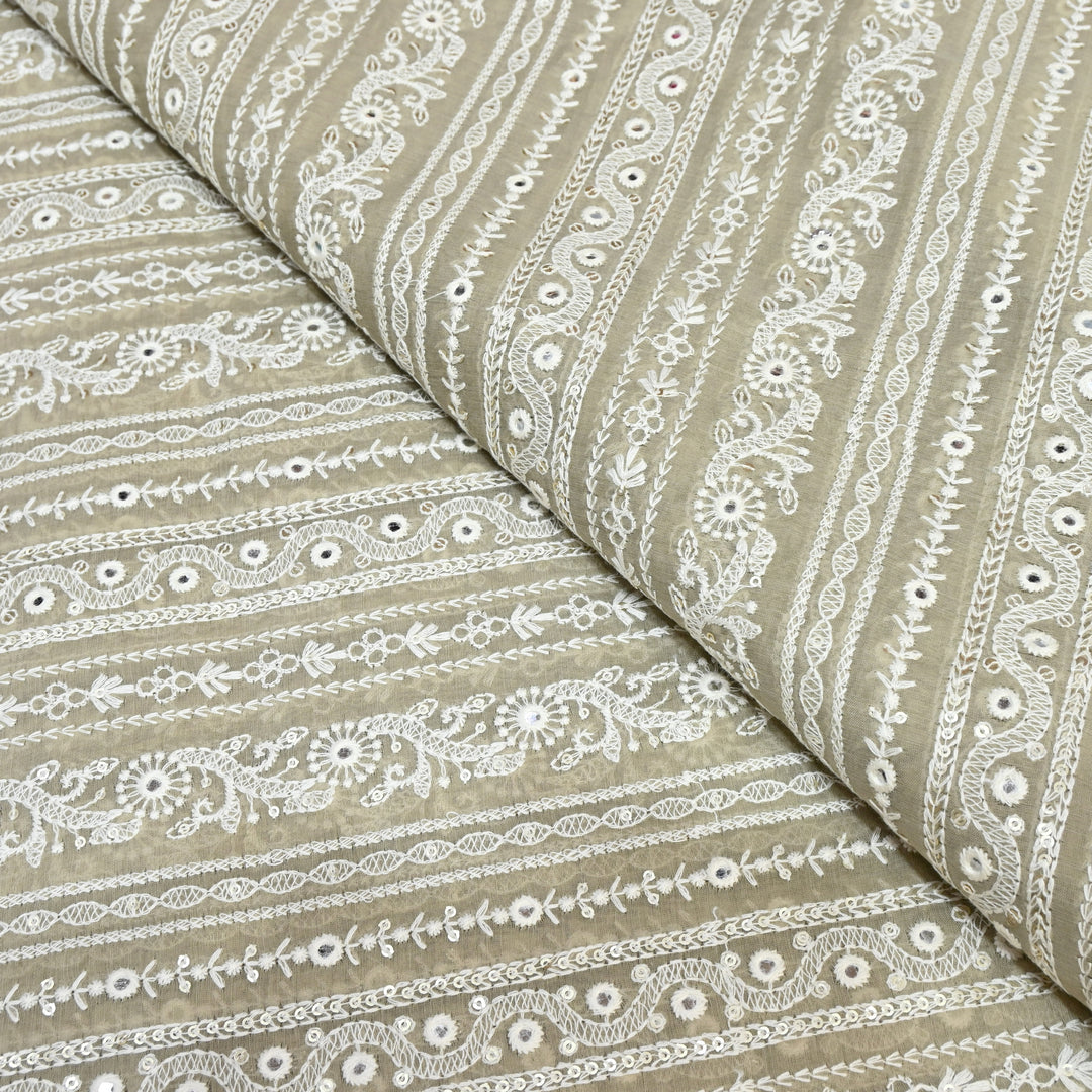 Beige Color Mul Chanderi Thread Mirror & Sequins Embroidery Fabric