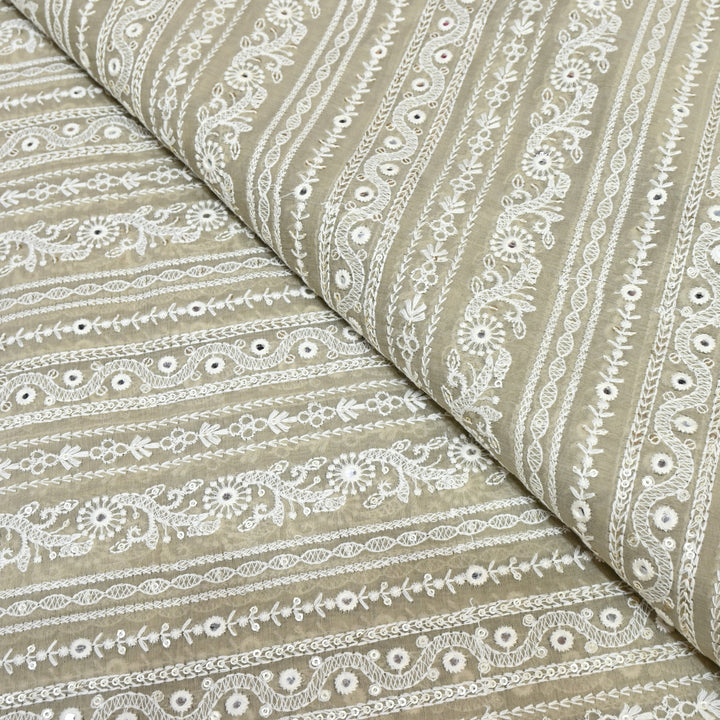 Beige Color Mul Chanderi Thread Mirror & Sequins Embroidery Fabric
