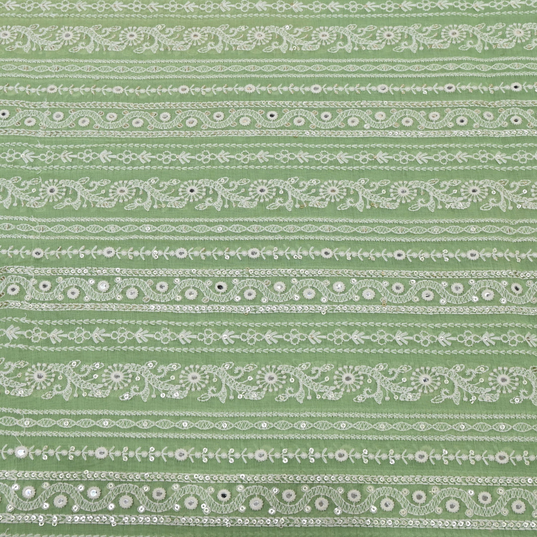 Sage Green Color Mul Chanderi Thread Mirror & Sequins Embroidery Fabric