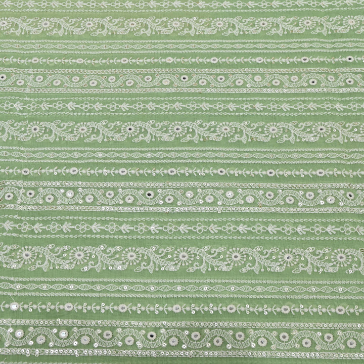 Sage Green Color Mul Chanderi Thread Mirror & Sequins Embroidery Fabric