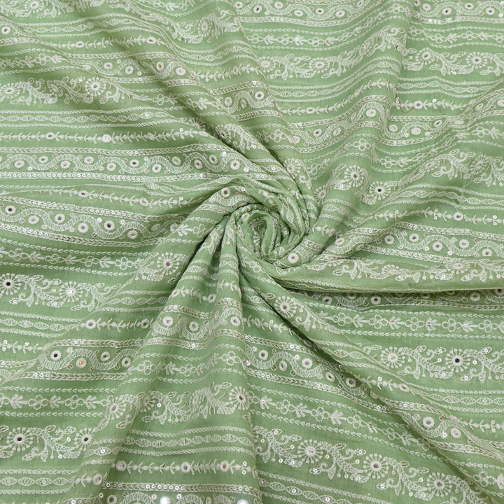 Sage Green Color Mul Chanderi Thread Mirror & Sequins Embroidery Fabric