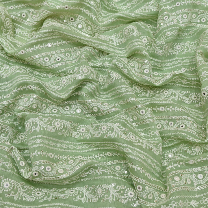 Sage Green Color Mul Chanderi Thread Mirror & Sequins Embroidery Fabric