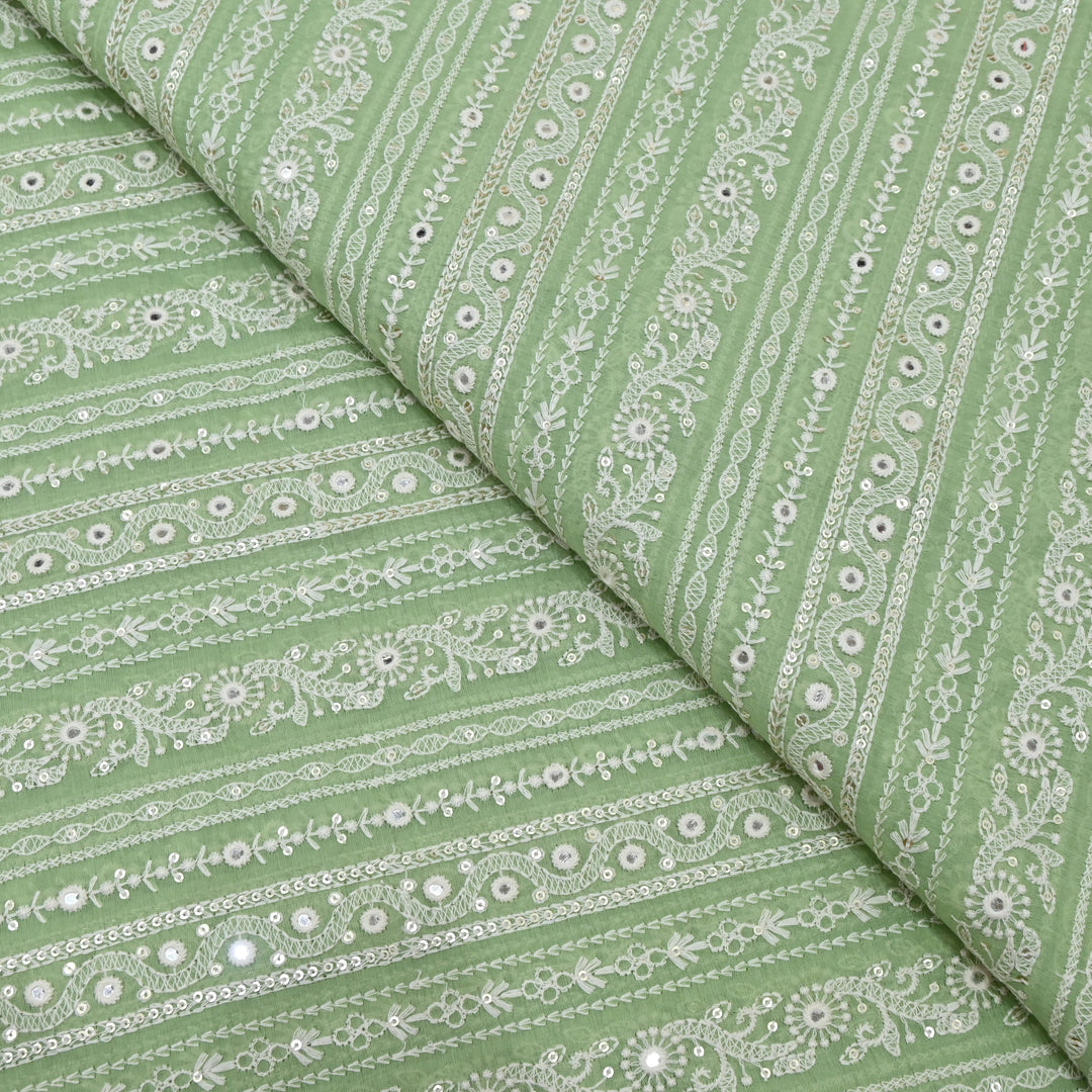 Sage Green Color Mul Chanderi Thread Mirror & Sequins Embroidery Fabric