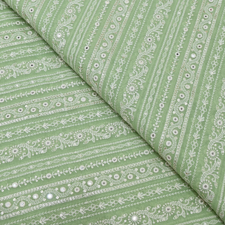 Sage Green Color Mul Chanderi Thread Mirror & Sequins Embroidery Fabric