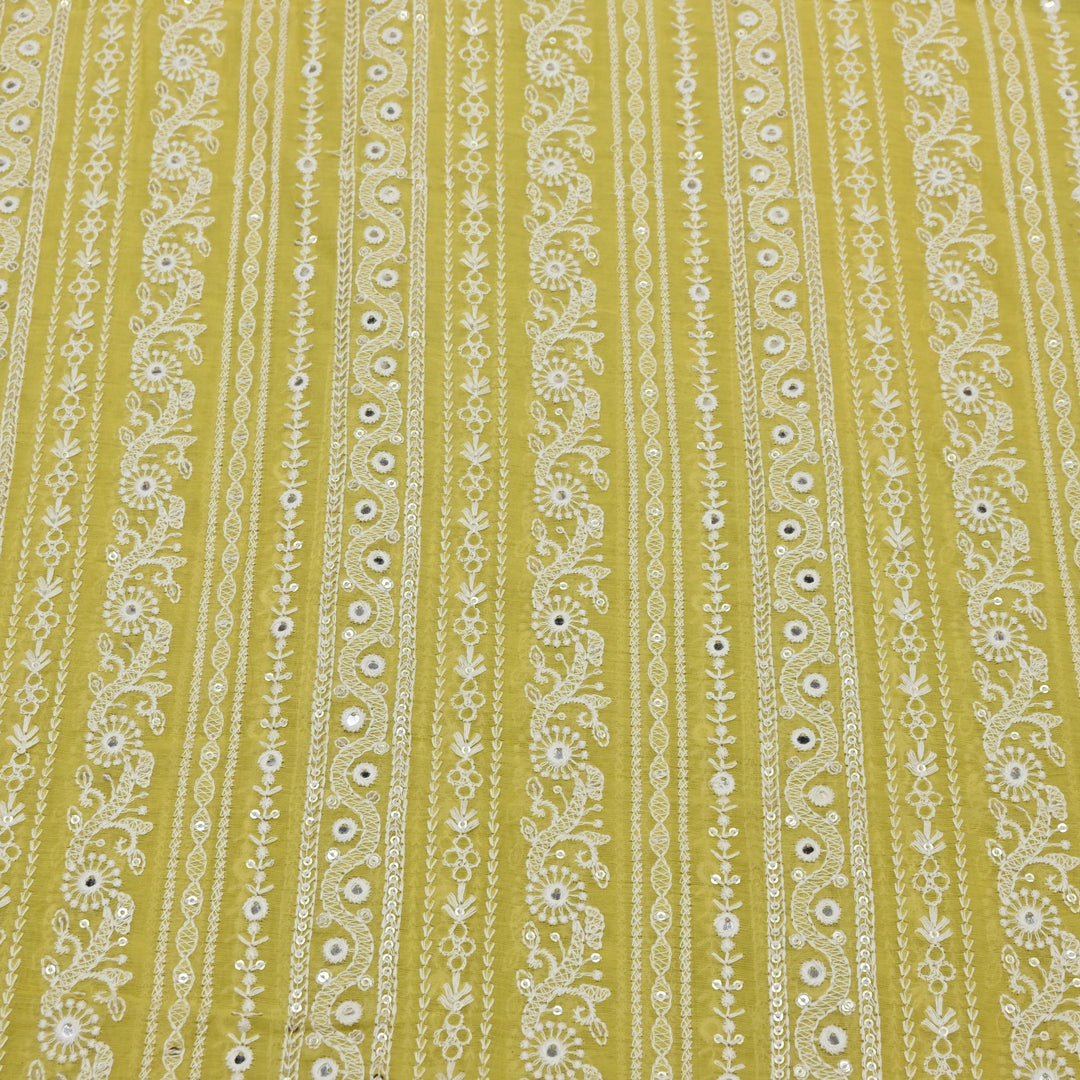 Mango Yellow Color Mul Chanderi Thread Mirror & Sequins Embroidery Fabric