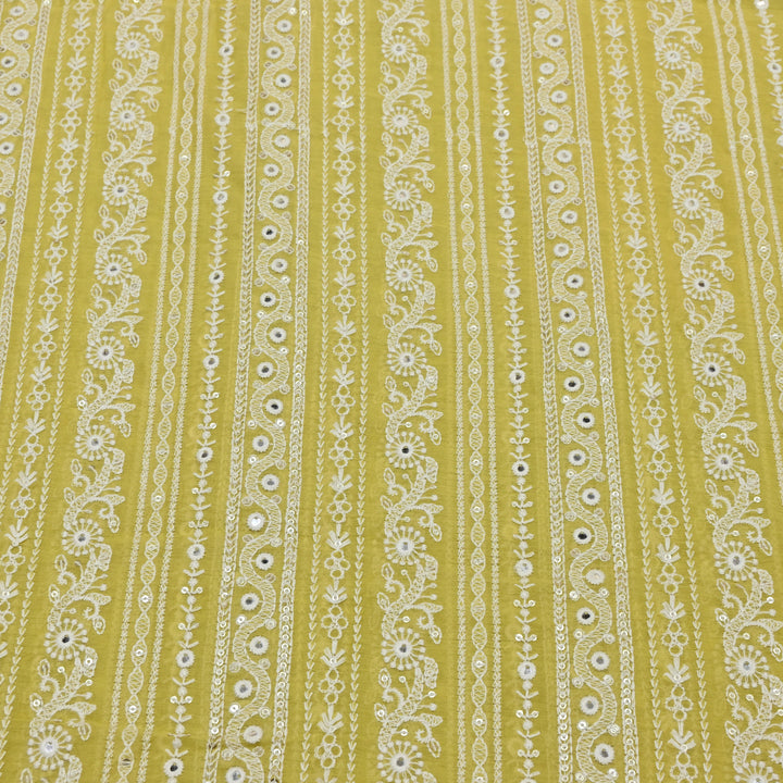 Mango Yellow Color Mul Chanderi Thread Mirror & Sequins Embroidery Fabric