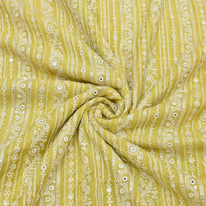 Mango Yellow Color Mul Chanderi Thread Mirror & Sequins Embroidery Fabric