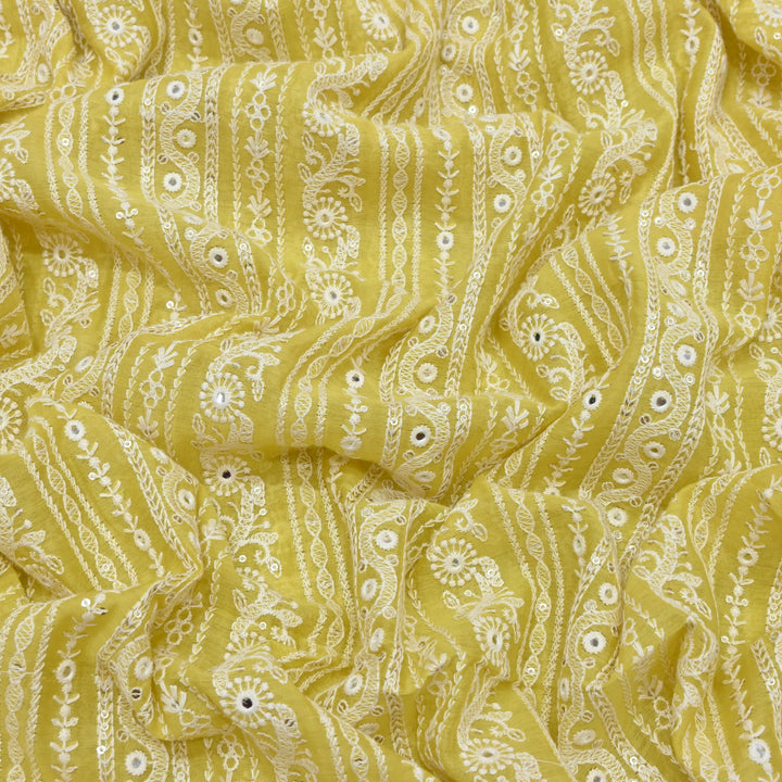 Mango Yellow Color Mul Chanderi Thread Mirror & Sequins Embroidery Fabric