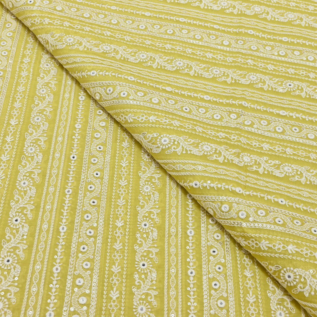Mango Yellow Color Mul Chanderi Thread Mirror & Sequins Embroidery Fabric