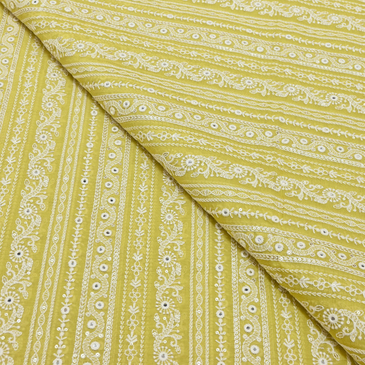 Mango Yellow Color Mul Chanderi Thread Mirror & Sequins Embroidery Fabric