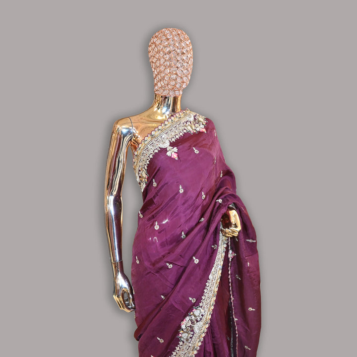 Crepe Silk Pearl (Moti) Noratan Work Saree | JS0723-01