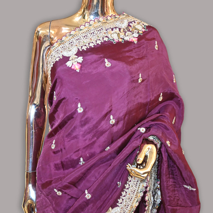 Crepe Silk Pearl (Moti) Noratan Work Saree | JS0723-01