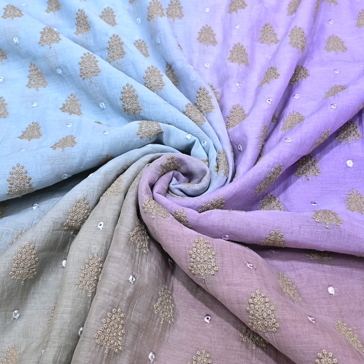 4D Shade Mul Chanderi Thread & Mirror Embroidery Fabric 44" – Designer Summer Fabric – GP4061-1