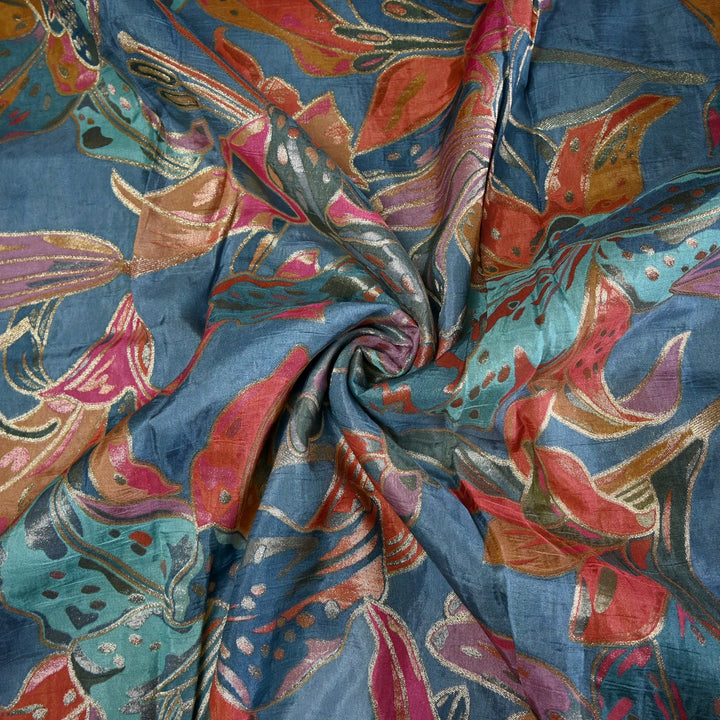 Dola Silk Position Print With Zari Jaquard Fabrics