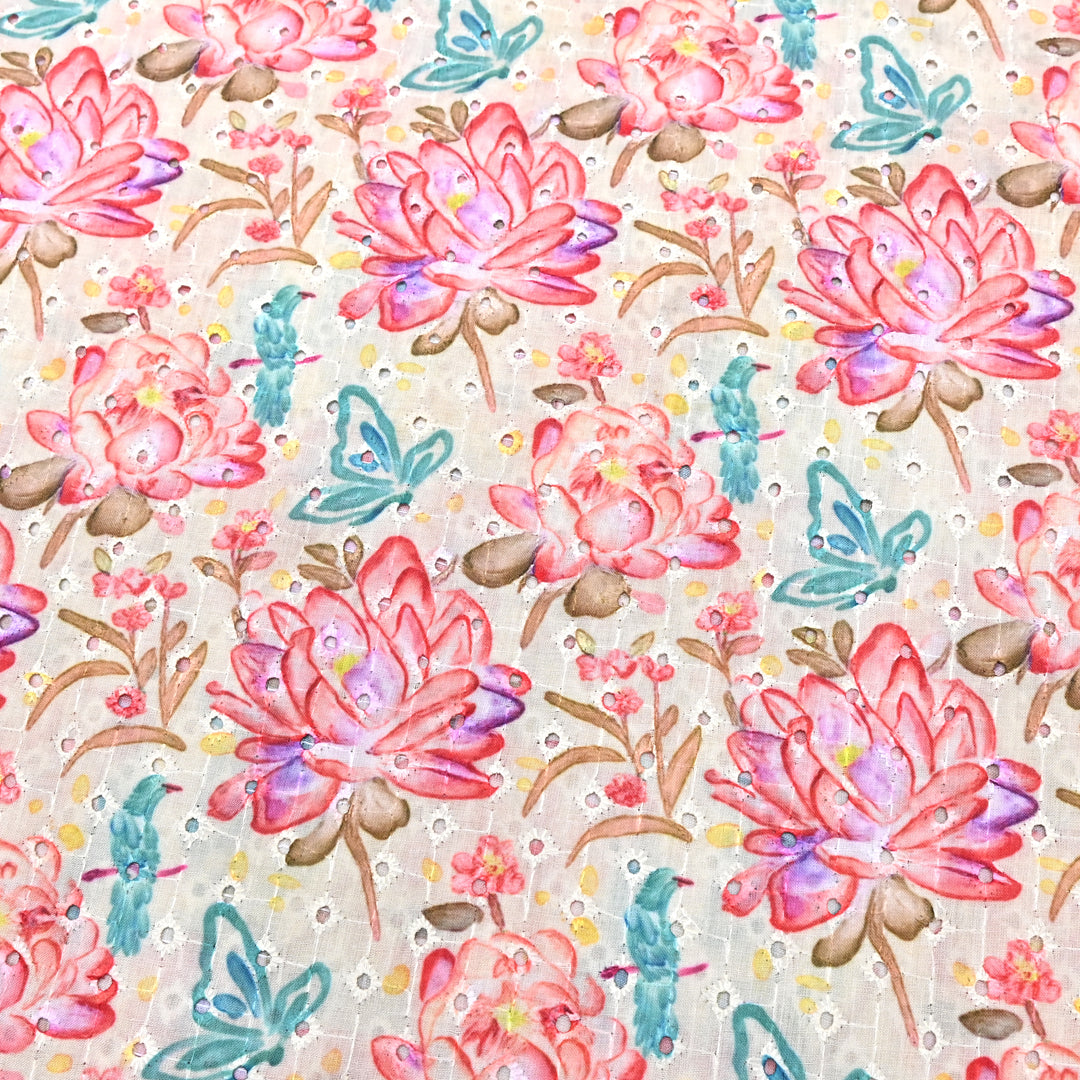 Cotton Chicken Digital Print Cutwork Embroidery Fabric - 001196-A1
