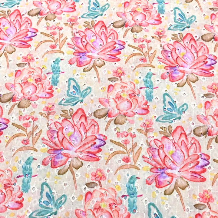 Cotton Chicken Digital Print Cutwork Embroidery Fabric - 001196-A1