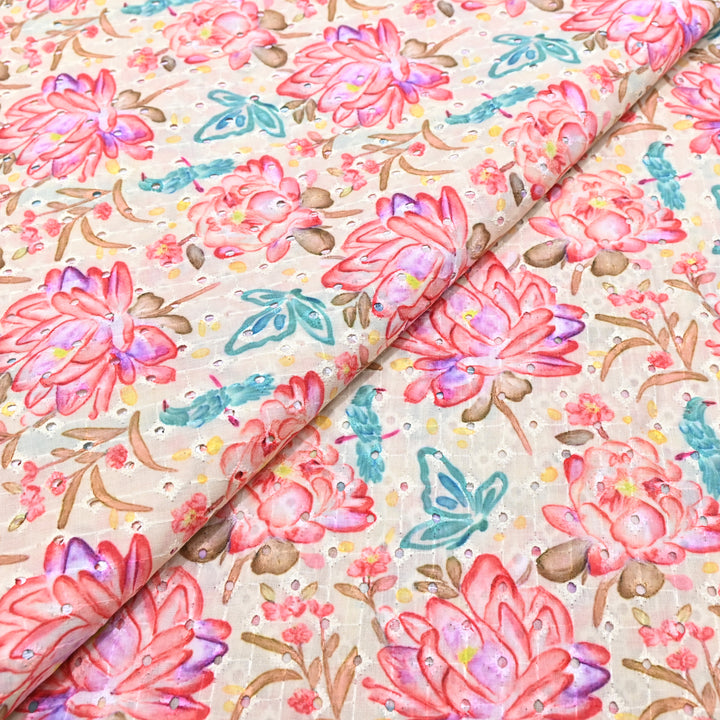 Cotton Chicken Digital Print Cutwork Embroidery Fabric - 001196-A1