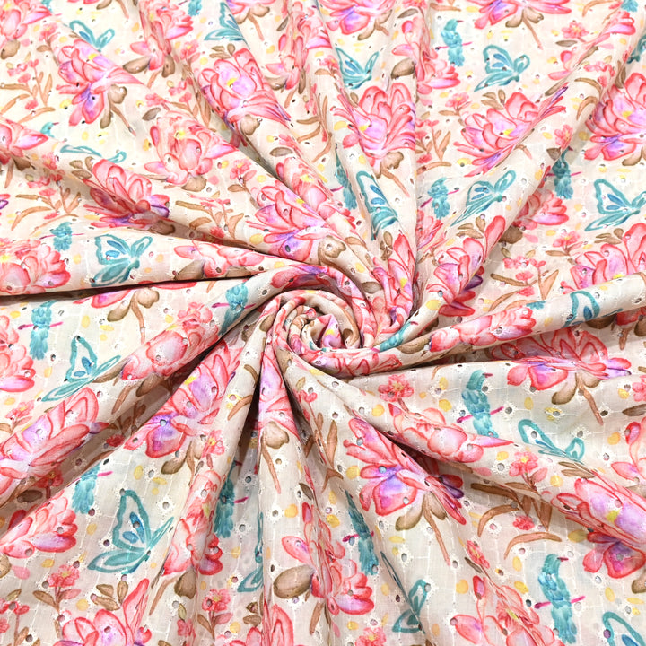 Cotton Chicken Digital Print Cutwork Embroidery Fabric - 001196-A1