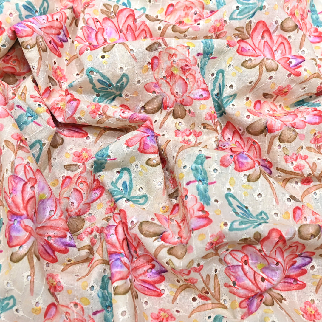 Cotton Chicken Digital Print Cutwork Embroidery Fabric - 001196-A1