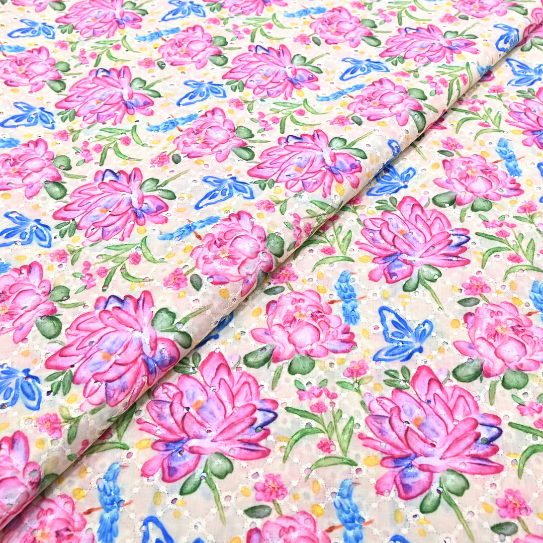Cotton Chicken Digital Print Cutwork Embroidery Fabric - 001196-A2