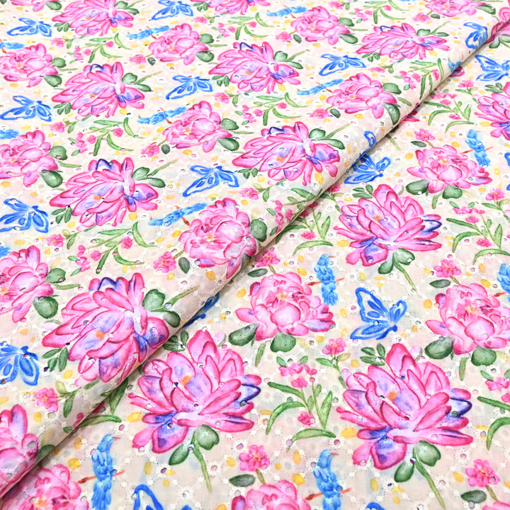 Cotton Chicken Digital Print Cutwork Embroidery Fabric - 001196-A2