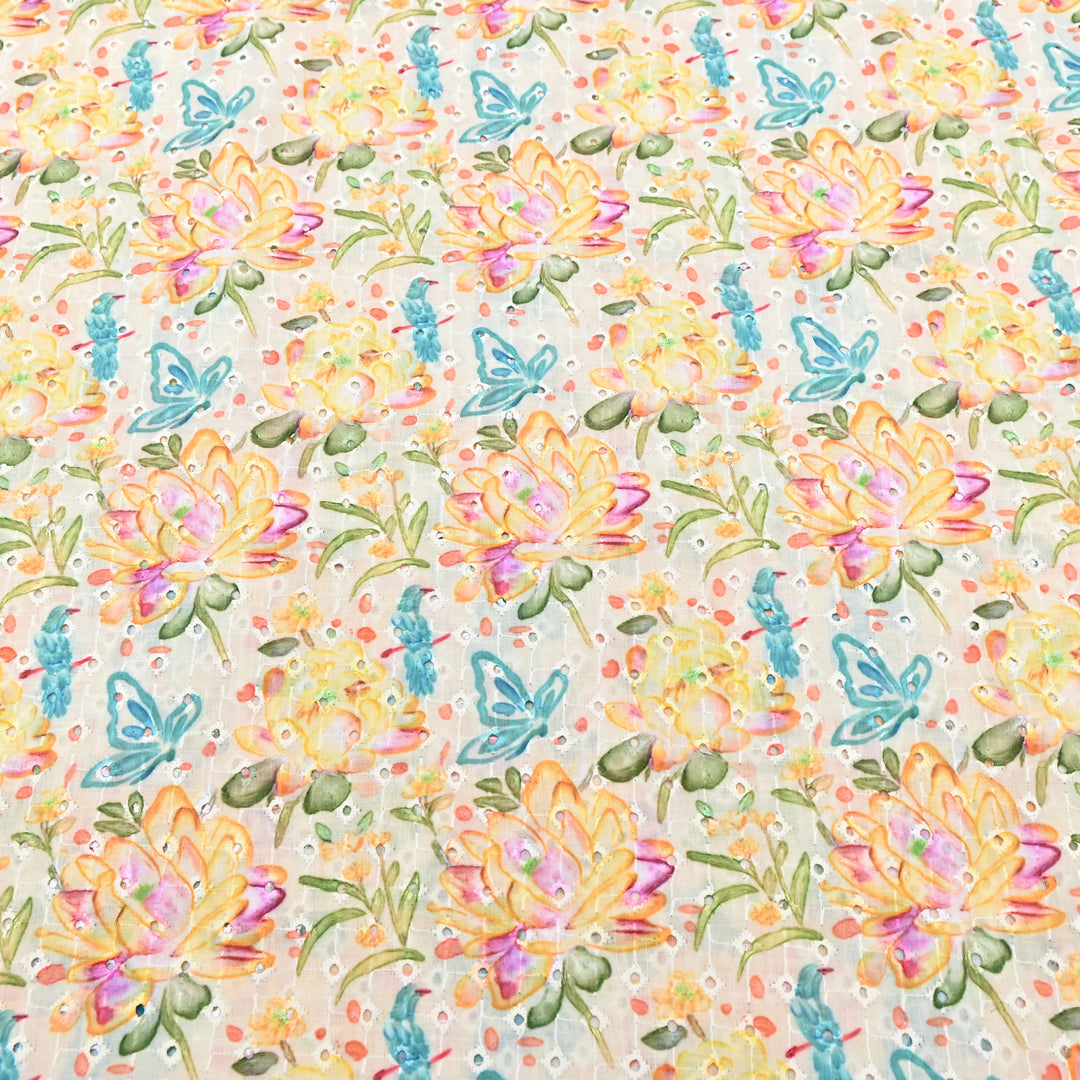 Cotton Chicken Digital Print Cutwork Embroidery Fabric - 001196-A4
