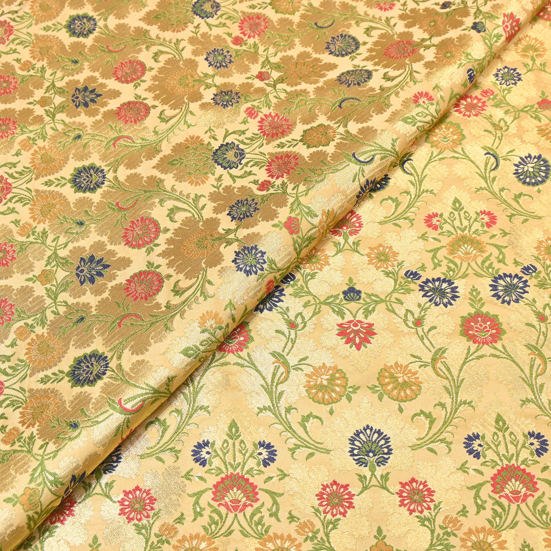 Satin Kimkhab Multi Brocade Fabric | Heavy Luxury Zari Woven Designer Fabric | RS0022-22