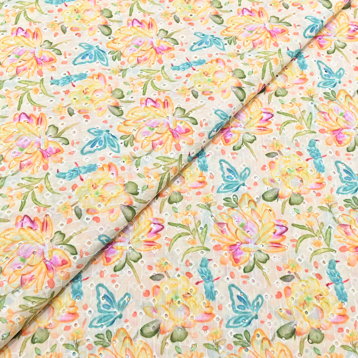Cotton Chicken Digital Print Cutwork Embroidery Fabric - 001196-A4