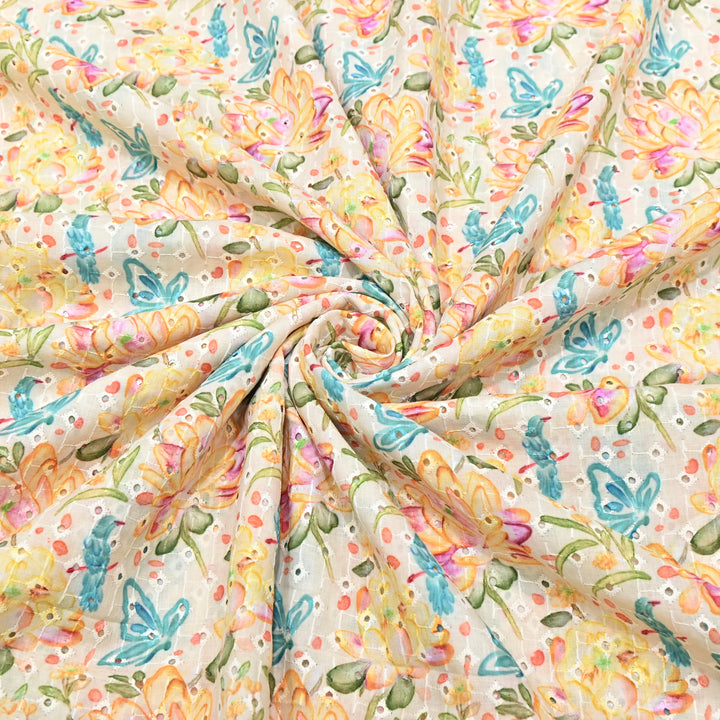 Cotton Chicken Digital Print Cutwork Embroidery Fabric - 001196-A4