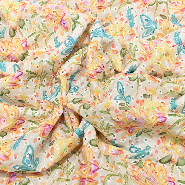 Cotton Chicken Digital Print Cutwork Embroidery Fabric - 001196-A4