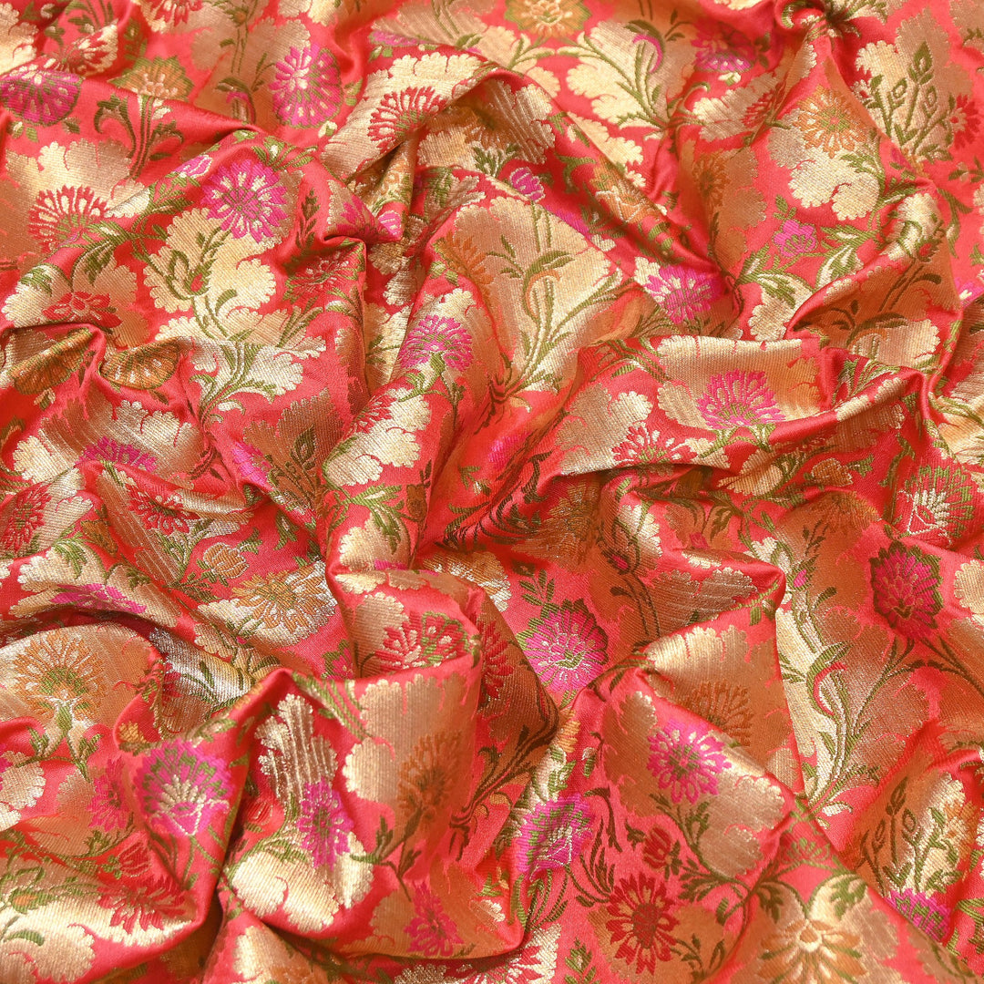 Satin Kimkhab Multi Brocade Fabric | Heavy Luxury Zari Woven Designer Fabric | RS0022-23