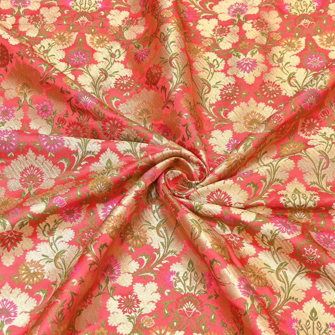 Satin Kimkhab Multi Brocade Fabric | Heavy Luxury Zari Woven Designer Fabric | RS0022-23