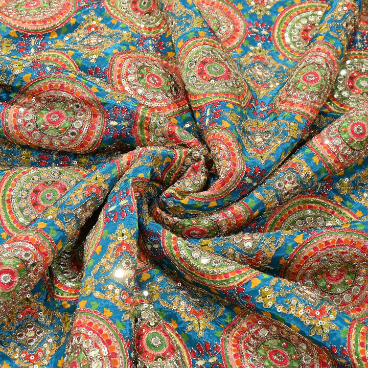 Crepe Position Print Zari & Sequins Embroidery Fabric – Premium Multicolor Designer Fabric| V1157C-1