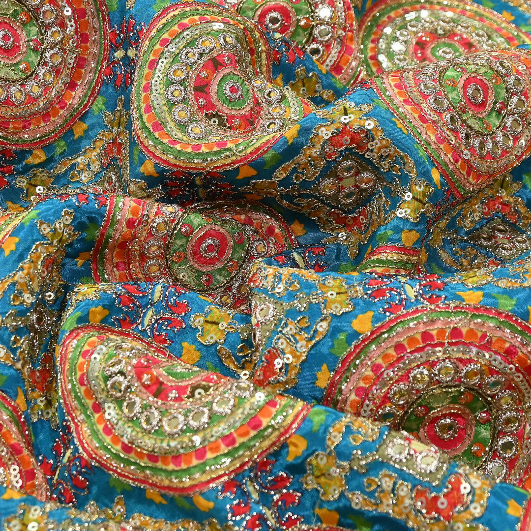Crepe Position Print Zari & Sequins Embroidery Fabric – Premium Multicolor Designer Fabric| V1157C-1