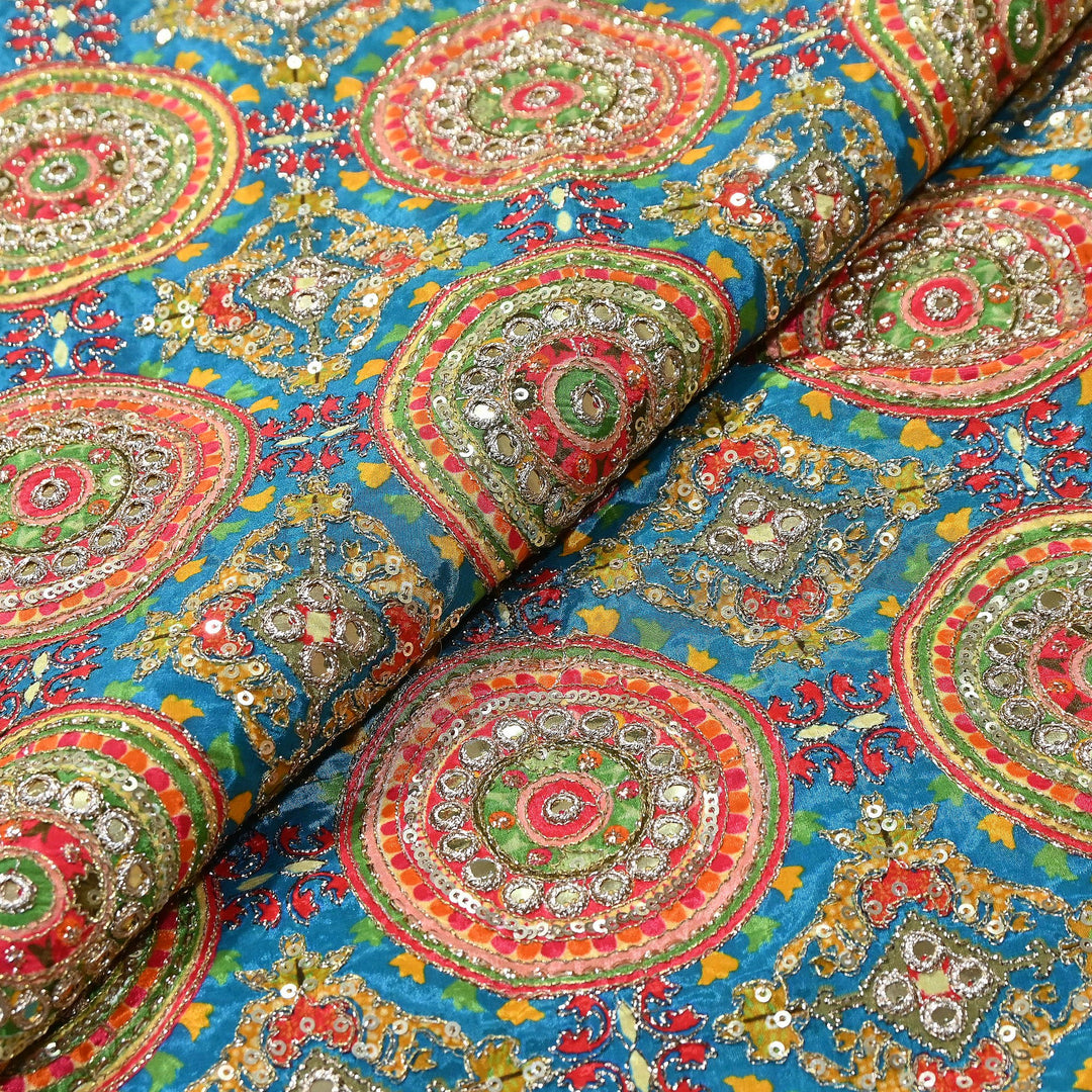 Crepe Position Print Zari & Sequins Embroidery Fabric – Premium Multicolor Designer Fabric| V1157C-1