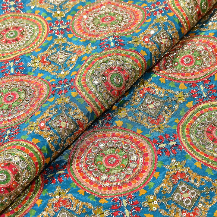 Crepe Position Print Zari & Sequins Embroidery Fabric – Premium Multicolor Designer Fabric| V1157C-1