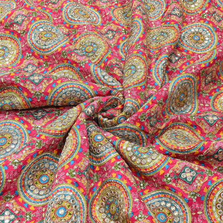 Crepe Position Print Zari & Sequins Embroidery Fabric – Premium Multicolor Designer Fabric| V1157C-2