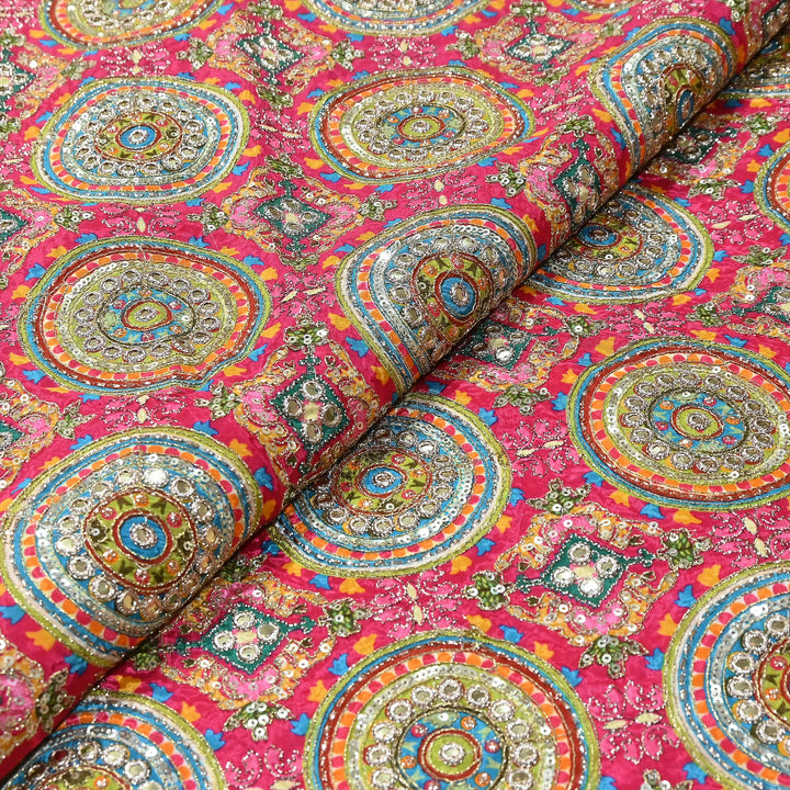 Crepe Position Print Zari & Sequins Embroidery Fabric – Premium Multicolor Designer Fabric| V1157C-2