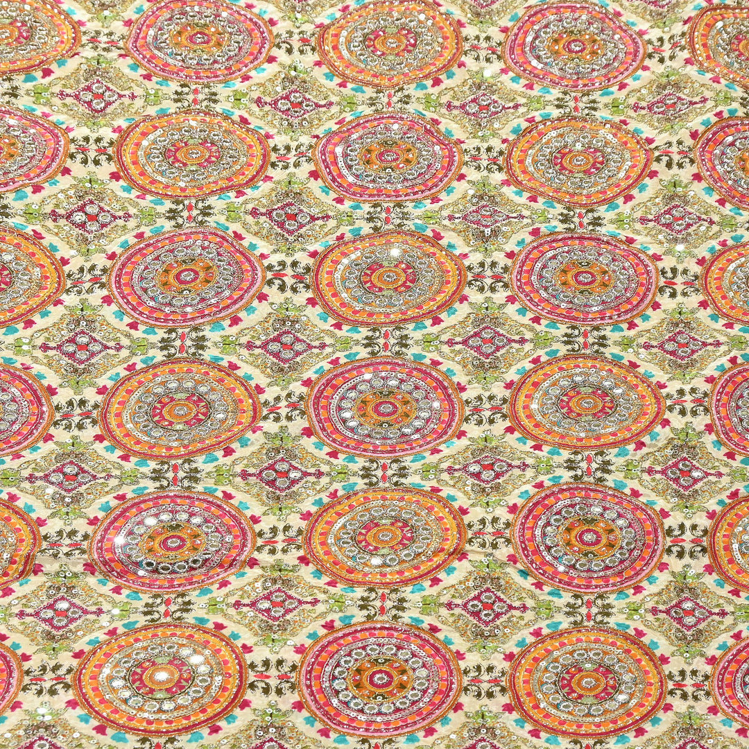 Crepe Position Print Zari & Sequins Embroidery Fabric – Premium Multicolor Designer Fabric| V1157C-3