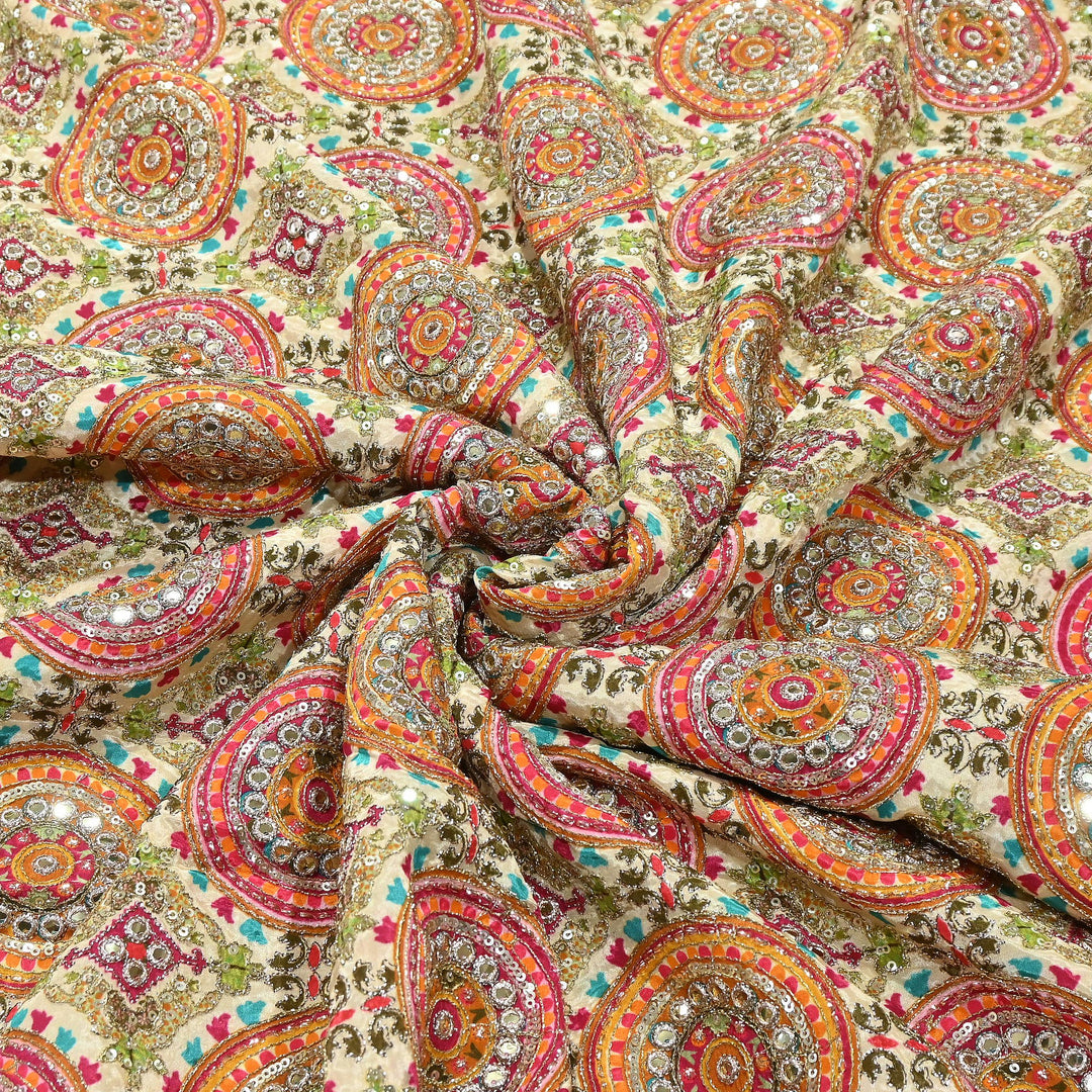 Crepe Position Print Zari & Sequins Embroidery Fabric – Premium Multicolor Designer Fabric| V1157C-3