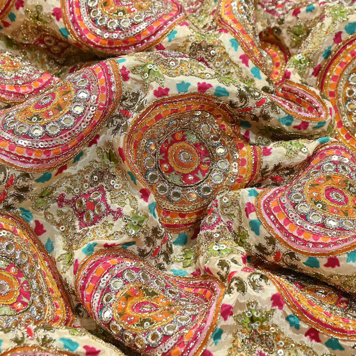 Crepe Position Print Zari & Sequins Embroidery Fabric – Premium Multicolor Designer Fabric| V1157C-3