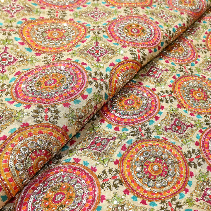 Crepe Position Print Zari & Sequins Embroidery Fabric – Premium Multicolor Designer Fabric| V1157C-3