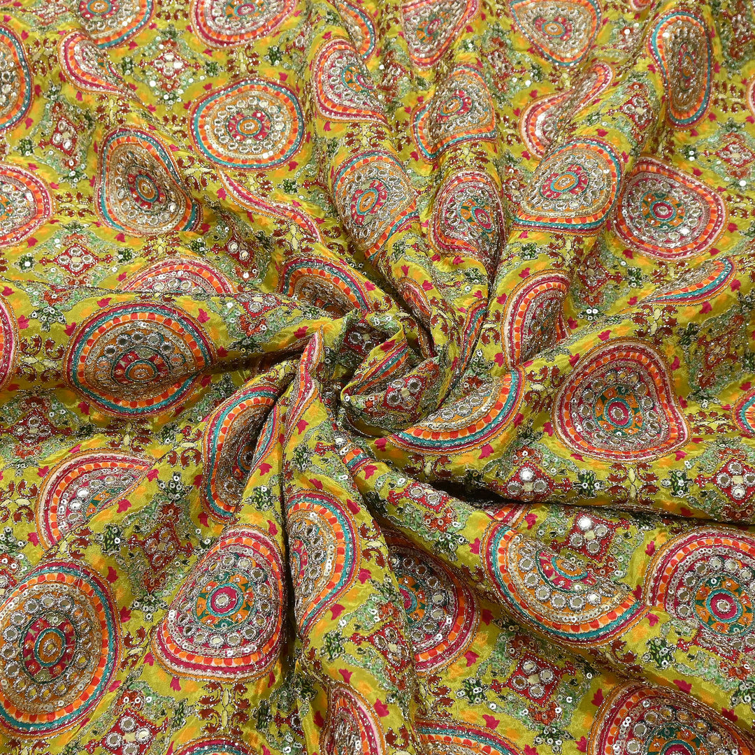 Crepe Position Print Zari & Sequins Embroidery Fabric – Premium Multicolor Designer Fabric| V1157C-4