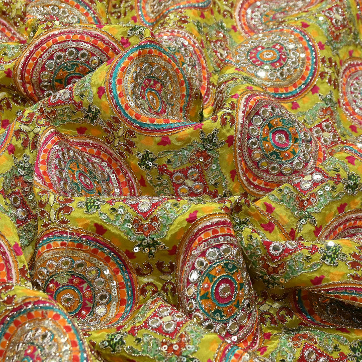 Crepe Position Print Zari & Sequins Embroidery Fabric – Premium Multicolor Designer Fabric| V1157C-4