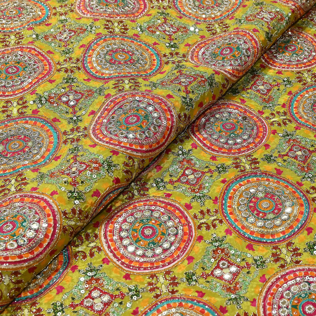 Crepe Position Print Zari & Sequins Embroidery Fabric – Premium Multicolor Designer Fabric| V1157C-4