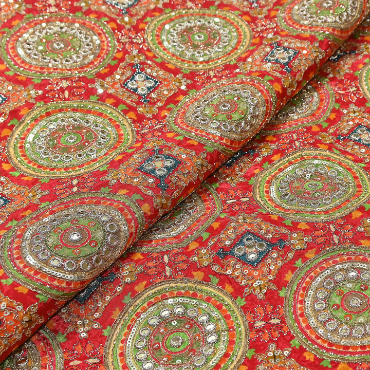 Crepe Position Print Zari & Sequins Embroidery Fabric – Premium Multicolor Designer Fabric| V1157C-5