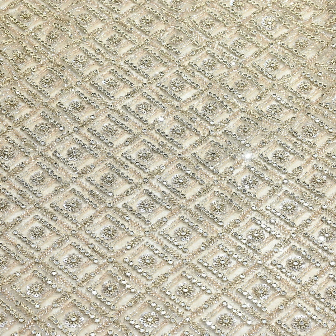 Dyeable Net Fabric with Moti & Mirror Embroidery – Premium Designer Embellished Net Fabric| KF2831-1