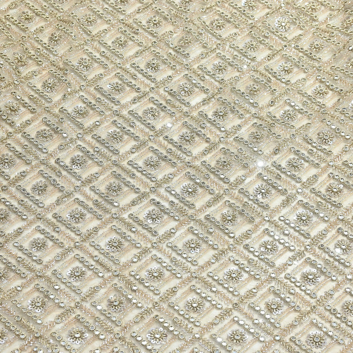 Dyeable Net Fabric with Moti & Mirror Embroidery – Premium Designer Embellished Net Fabric| KF2831-1