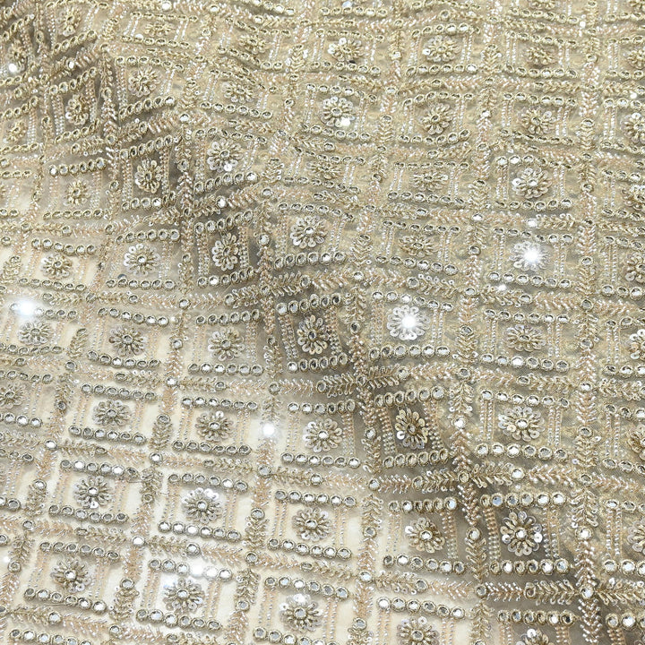 Dyeable Net Fabric with Moti & Mirror Embroidery – Premium Designer Embellished Net Fabric| KF2831-1