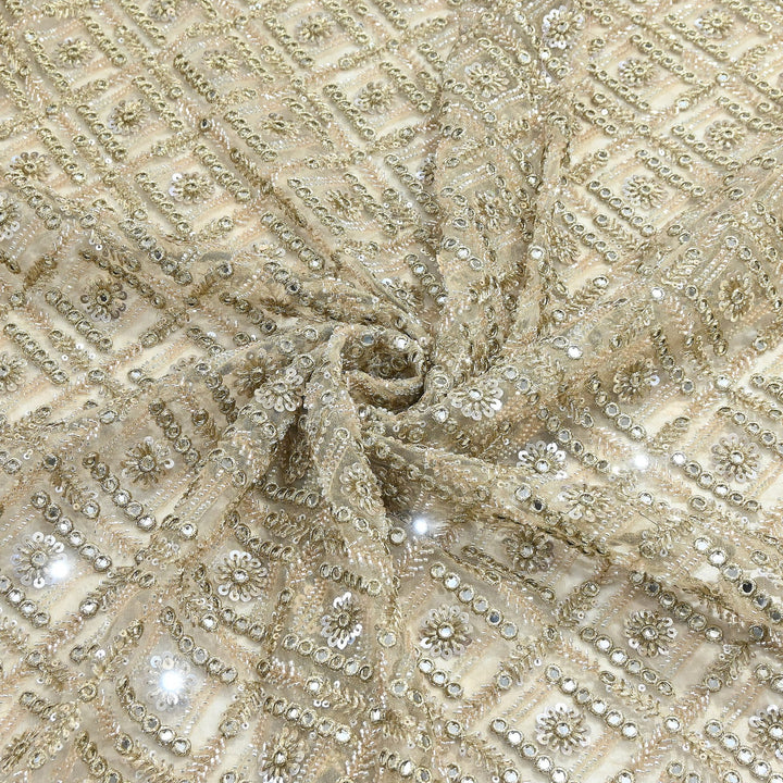Dyeable Net Fabric with Moti & Mirror Embroidery – Premium Designer Embellished Net Fabric| KF2831-1